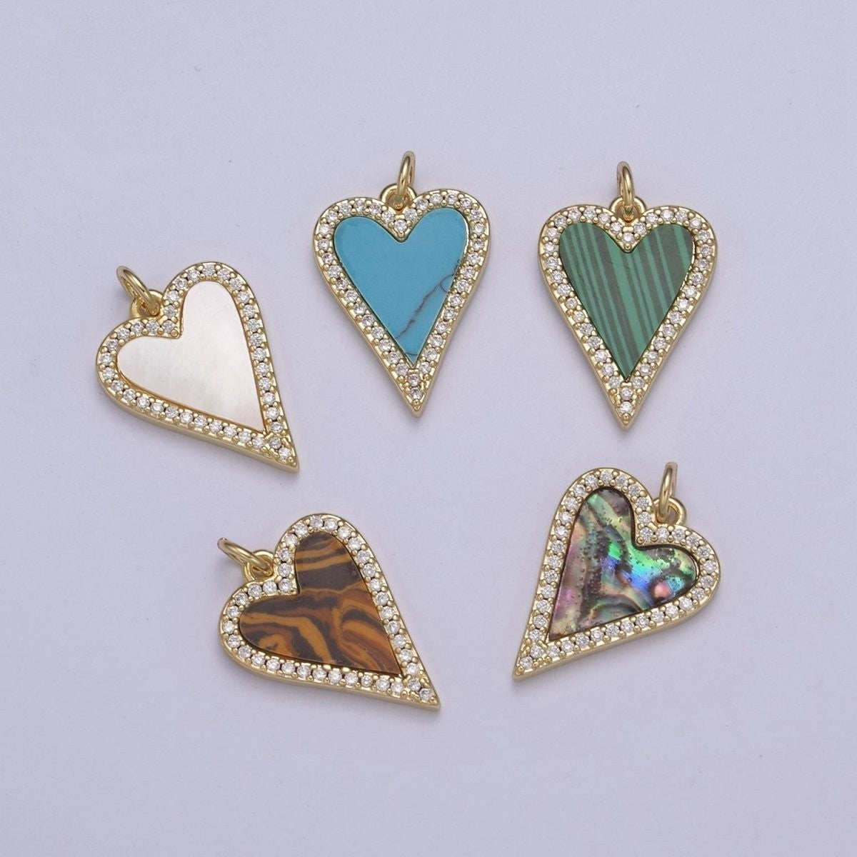 14K Gold Filled Pearl, Tiger Eye, Turquoise Abalone Shell Charm Pendant, Heart Love Charm