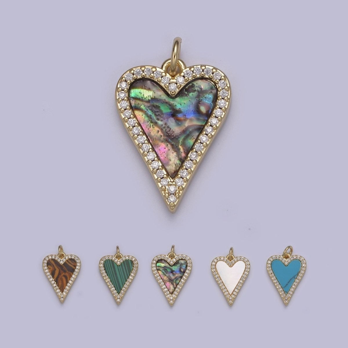 14K Gold Filled Pearl, Tiger Eye, Turquoise Abalone Shell Charm Pendant, Heart Love Charm