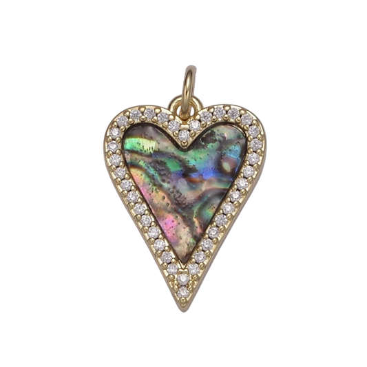 14K Gold Filled Pearl, Tiger Eye, Turquoise Abalone Shell Charm Pendant, Heart Love Charm