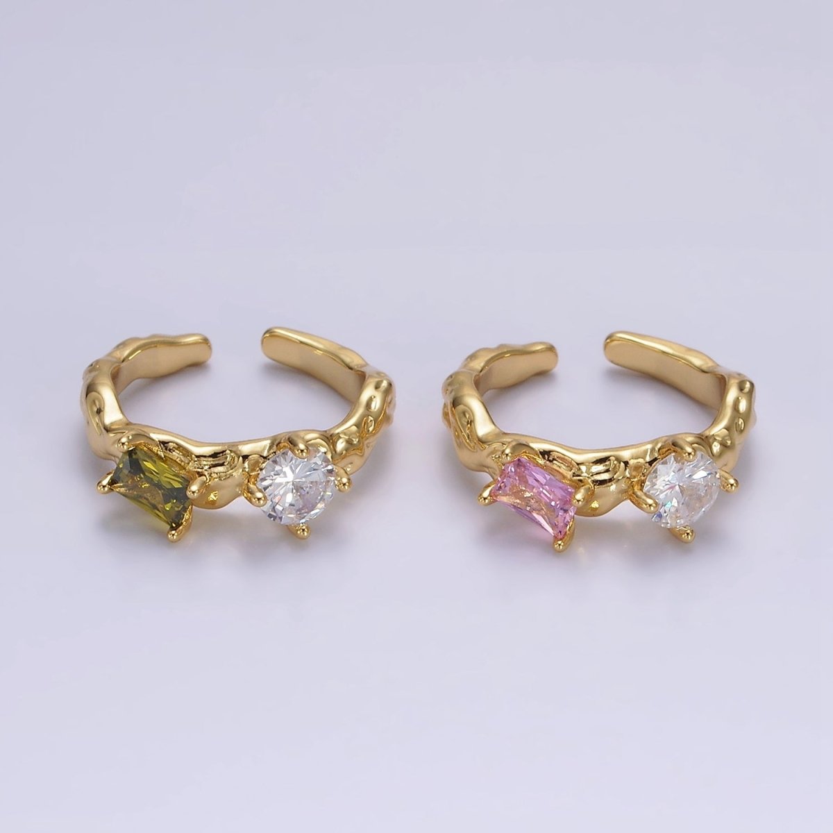 Geometric 14K Gold-Filled Pink or Peridot Baguette CZ Molten Ring