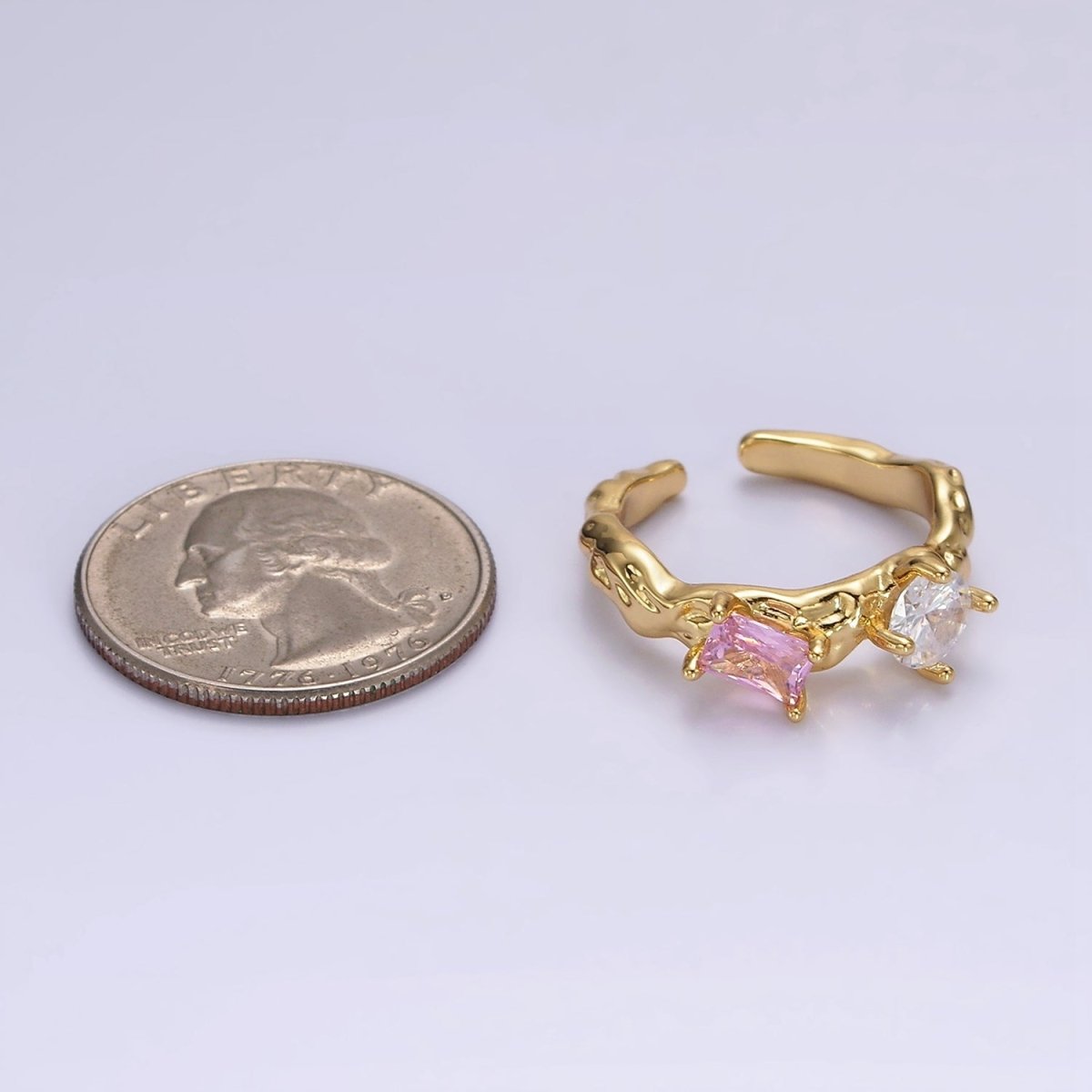 Geometric 14K Gold-Filled Pink or Peridot Baguette CZ Molten Ring