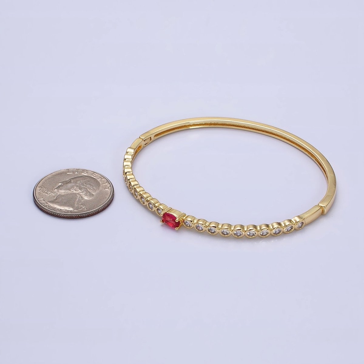 14K Gold Filled Red Oval CZ Round Clear Bezel Hinge Bangle Bracelet