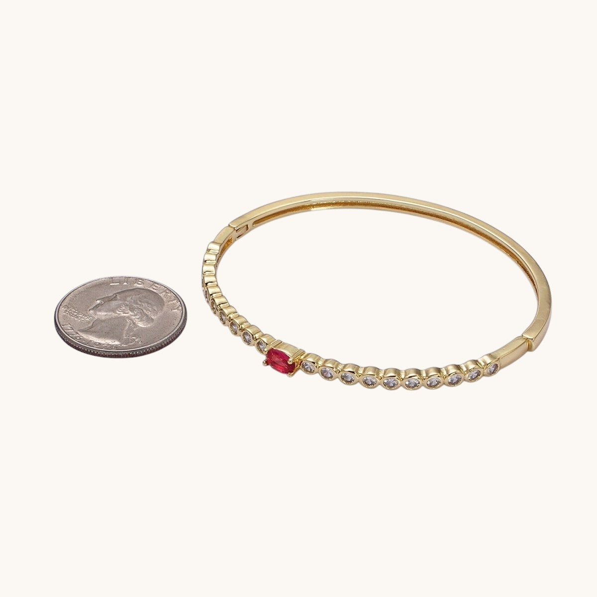 14K Gold Filled Red Oval CZ Round Clear Bezel Hinge Bangle Bracelet