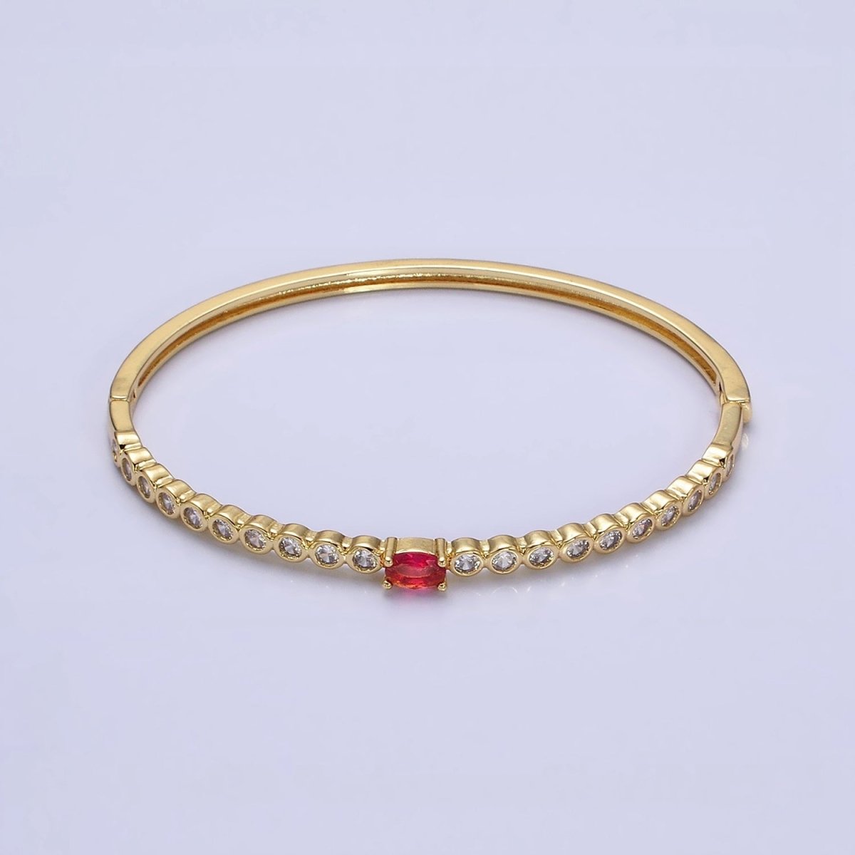 14K Gold Filled Red Oval CZ Round Clear Bezel Hinge Bangle Bracelet