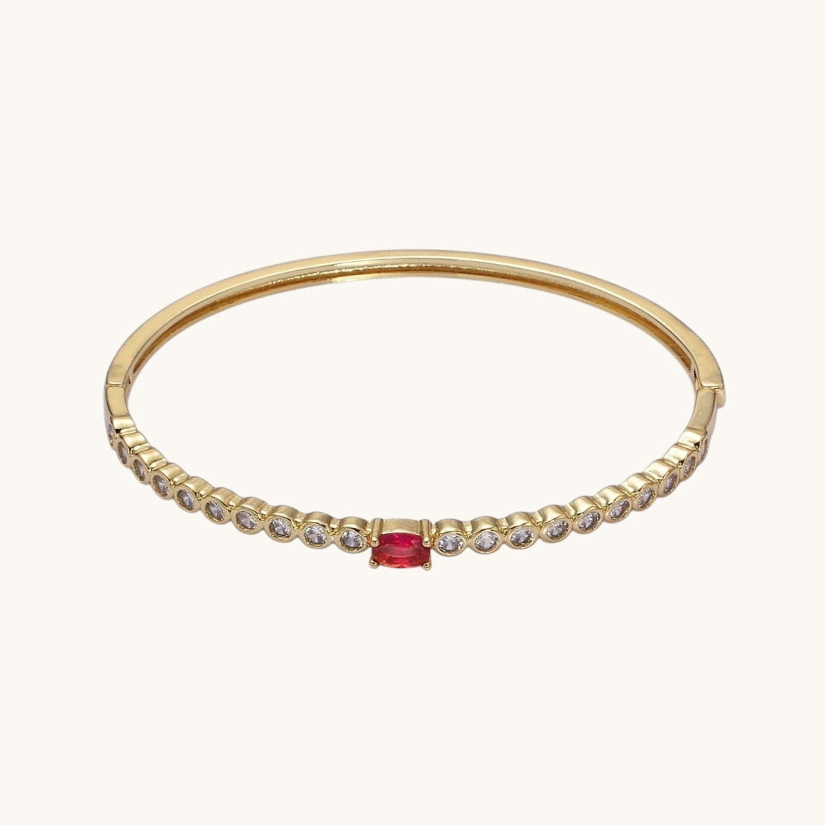 14K Gold Filled Red Oval CZ Round Clear Bezel Hinge Bangle Bracelet