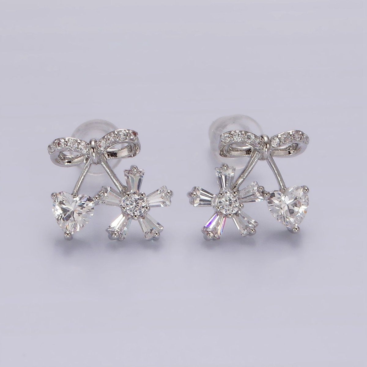 Sweet Gold-Filled Ribbon Micro Pave CZ Heart Flower Stud Earrings in Gold or Silver