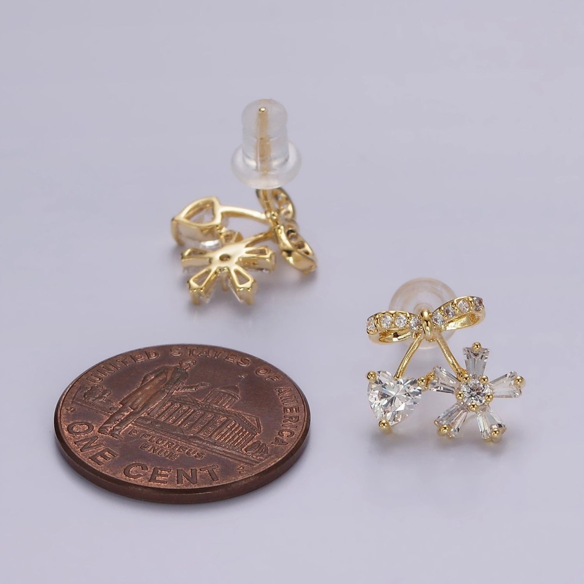 Sweet Gold-Filled Ribbon Micro Pave CZ Heart Flower Stud Earrings in Gold or Silver