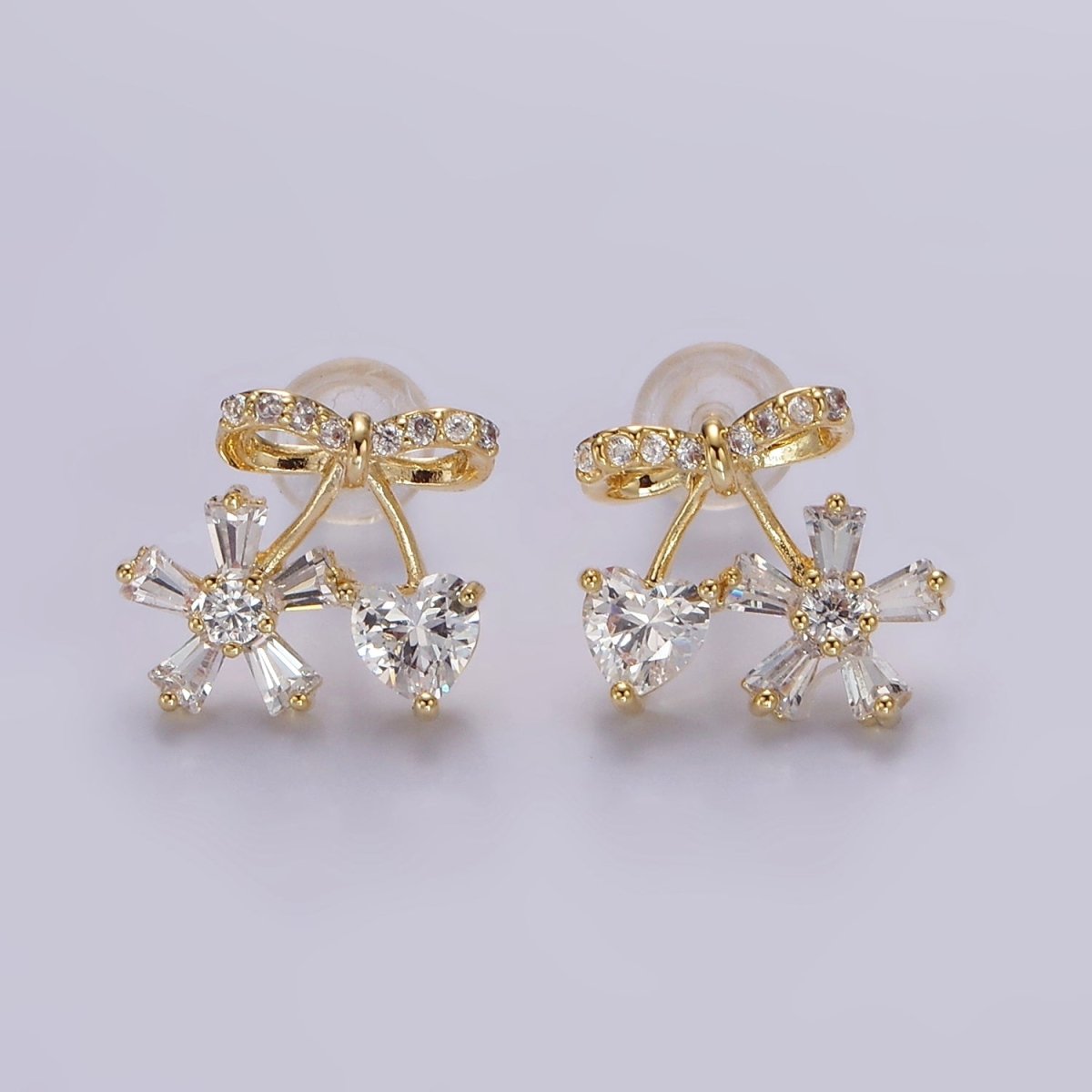 Sweet Gold-Filled Ribbon Micro Pave CZ Heart Flower Stud Earrings in Gold or Silver