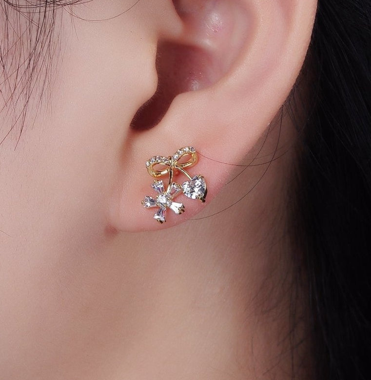 Sweet Gold-Filled Ribbon Micro Pave CZ Heart Flower Stud Earrings in Gold or Silver