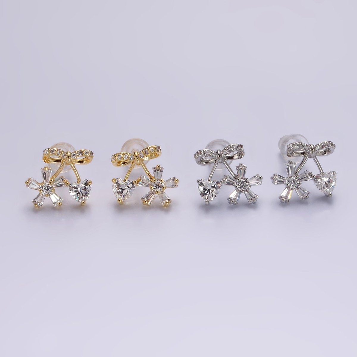 Sweet Gold-Filled Ribbon Micro Pave CZ Heart Flower Stud Earrings in Gold or Silver