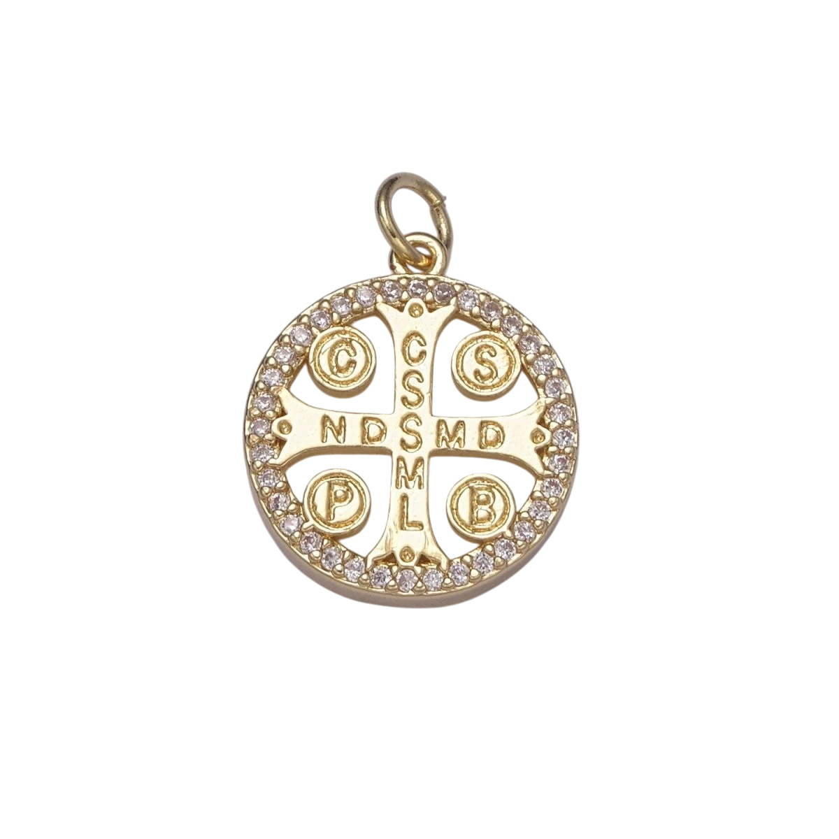 14K Gold Filled St. Benedict CSSML NDSMD Cross Micro Paved Shell Pearl Charm