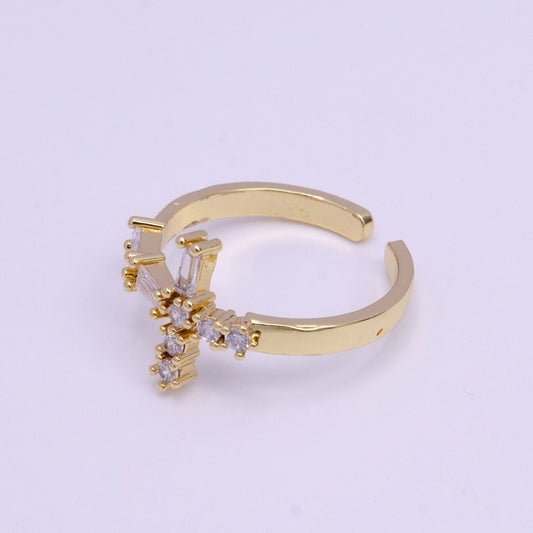 Simple Gold-Filled Sideway Cross Clear Baguette CZ Religious Ring