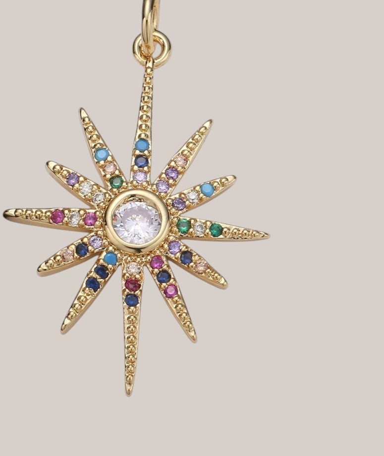 14k Gold Filled Starburst Charm Micro Pave Star Charm, Rainbow Cubic Charms, CZ Gold Celestial Charm, Dainty Minimalist