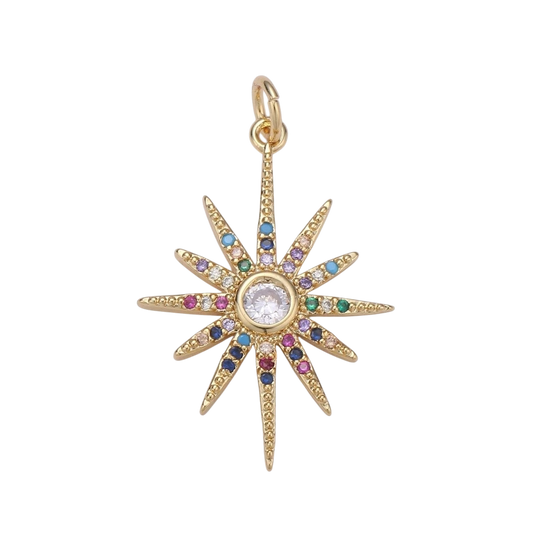 14k Gold Filled Starburst Charm Micro Pave Star Charm, Rainbow Cubic Charms, CZ Gold Celestial Charm, Dainty Minimalist