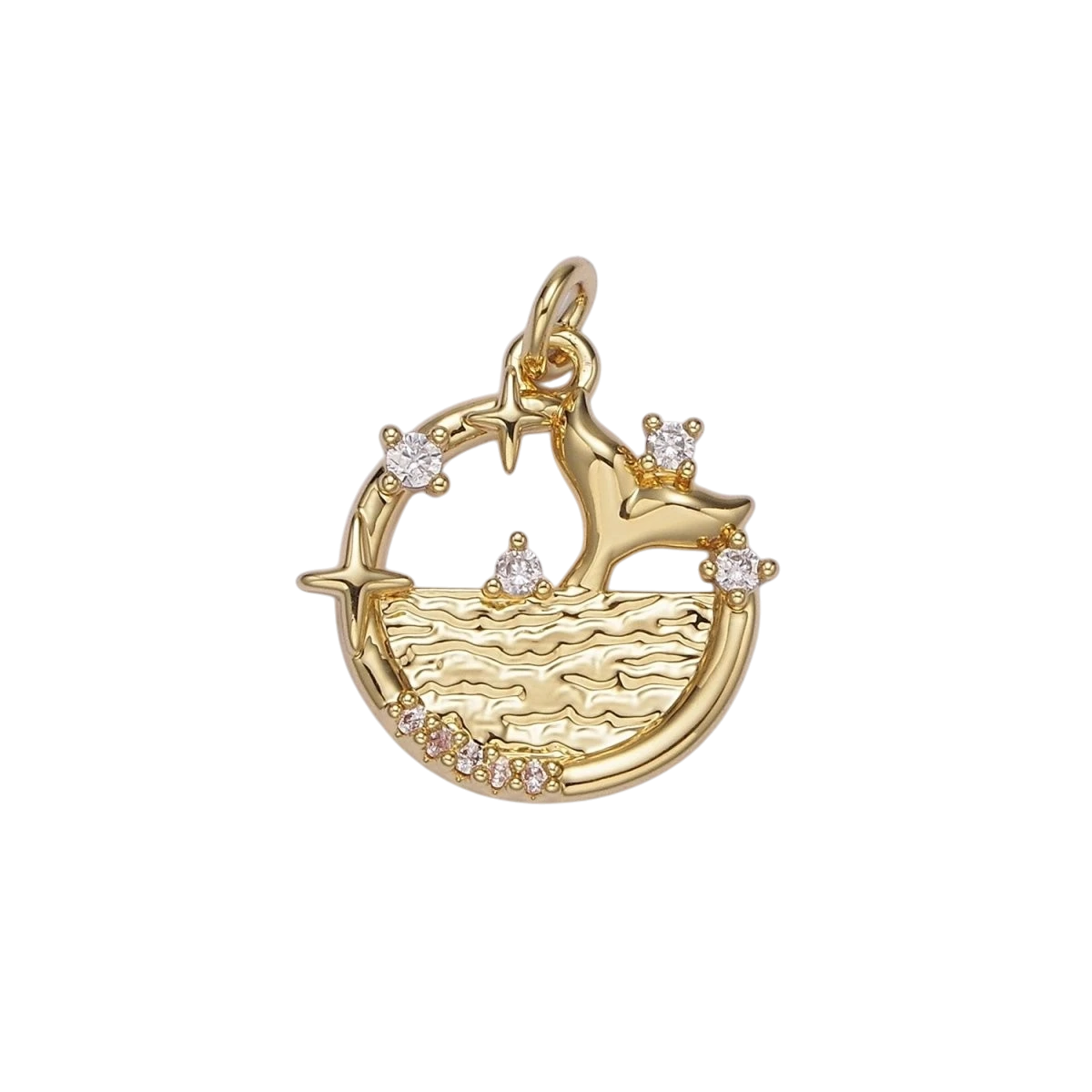 14K Gold Filled Tail Ocean Sea Textured Celestial Star Micro Paved CZ Open Round Charm
