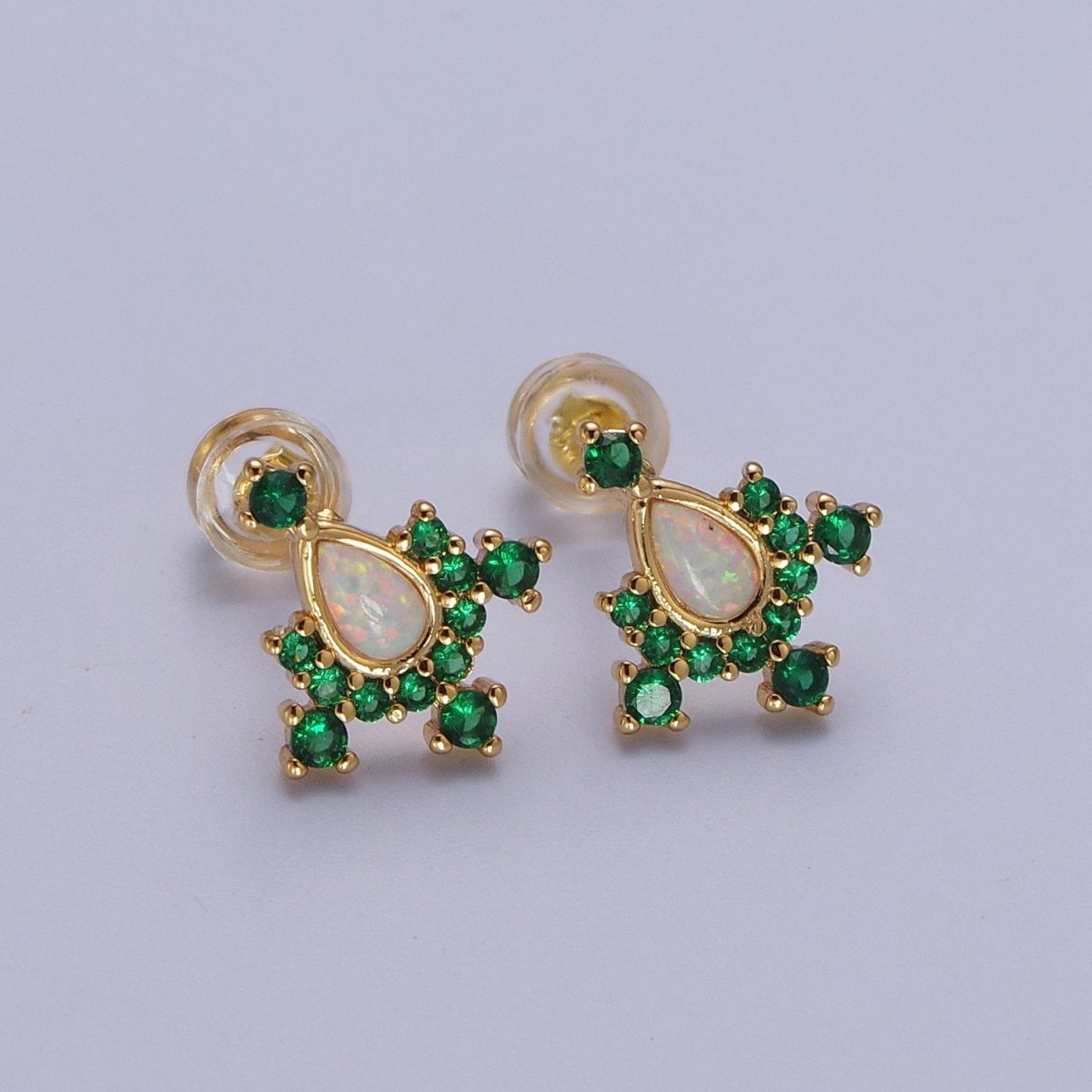 14K Gold Filled Teardrop White Opal Green Cubic Zirconia Stud Earrings