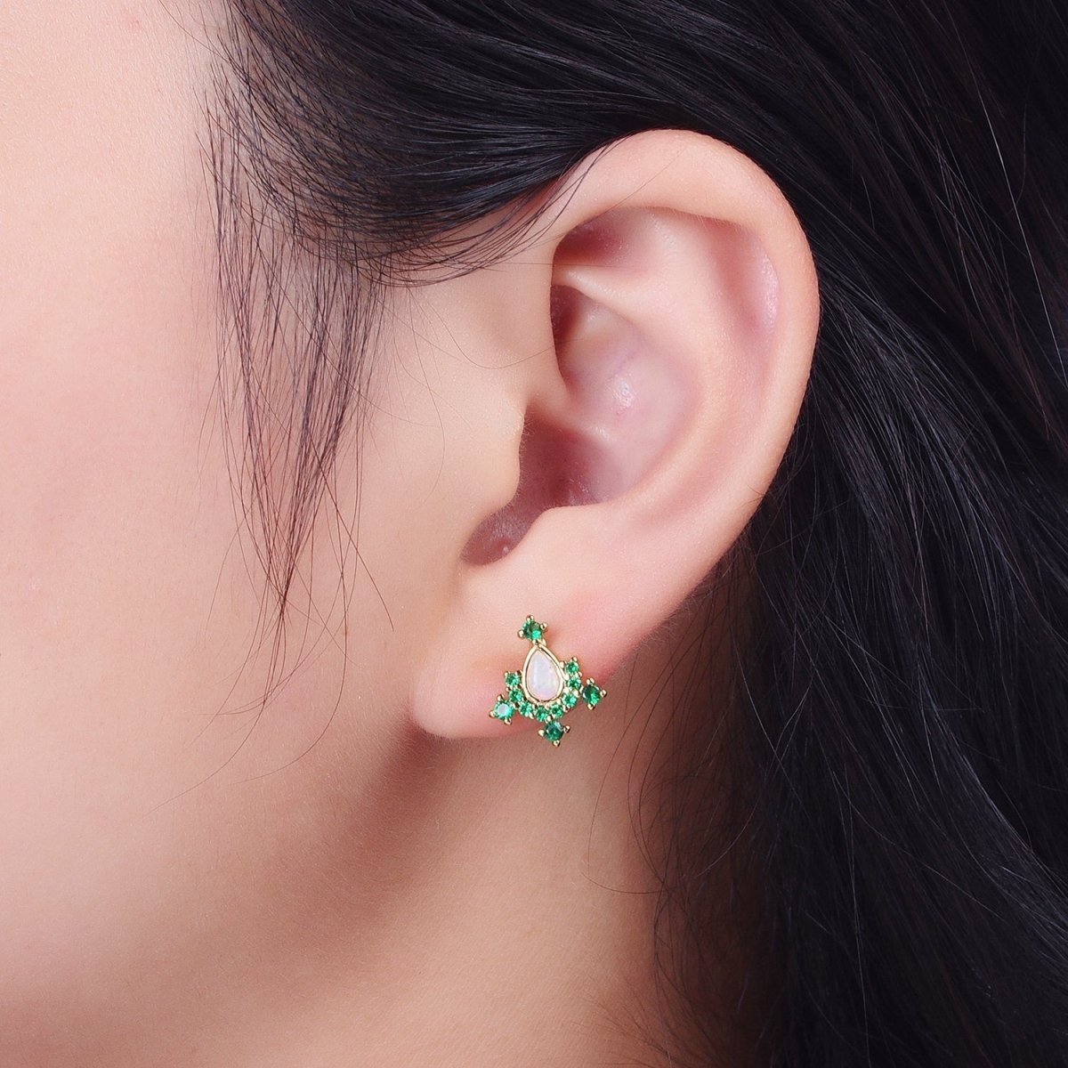 14K Gold Filled Teardrop White Opal Green Cubic Zirconia Stud Earrings