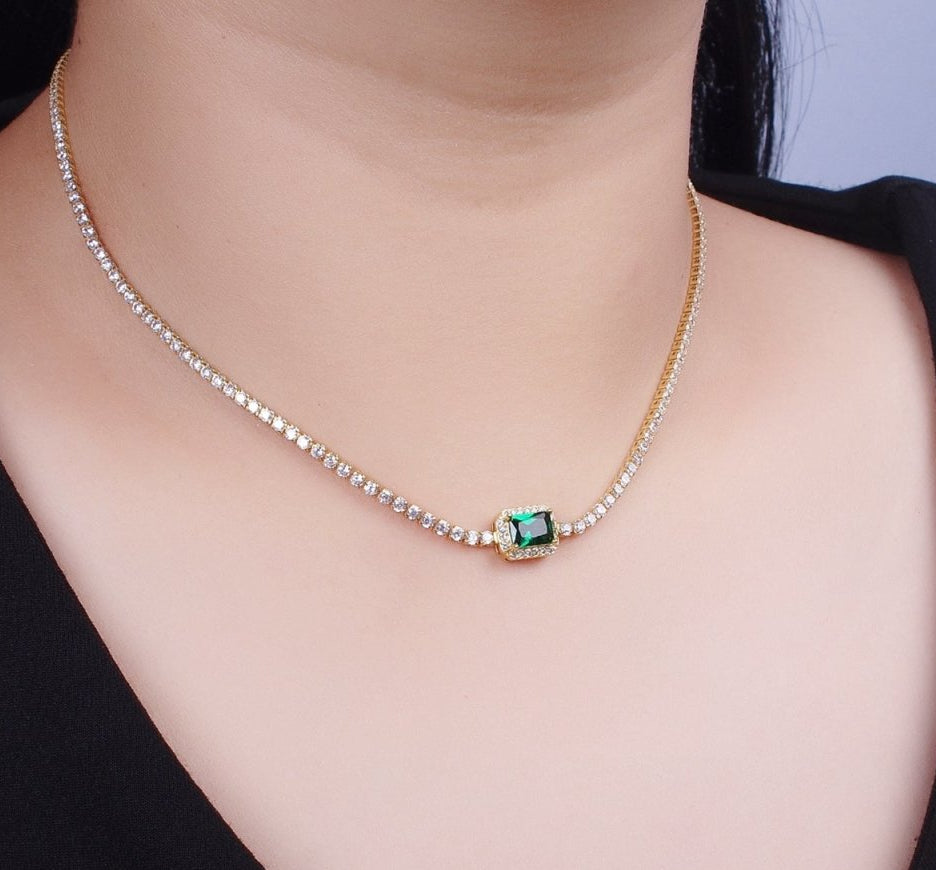 14k Gold Filled Tennis Necklace Chain with Color Emerald Cut CZ Layering Necklace