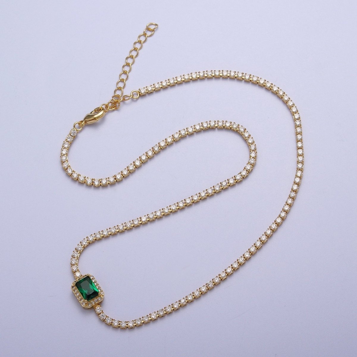 14k Gold Filled Tennis Necklace Chain with Color Emerald Cut CZ Layering Necklace