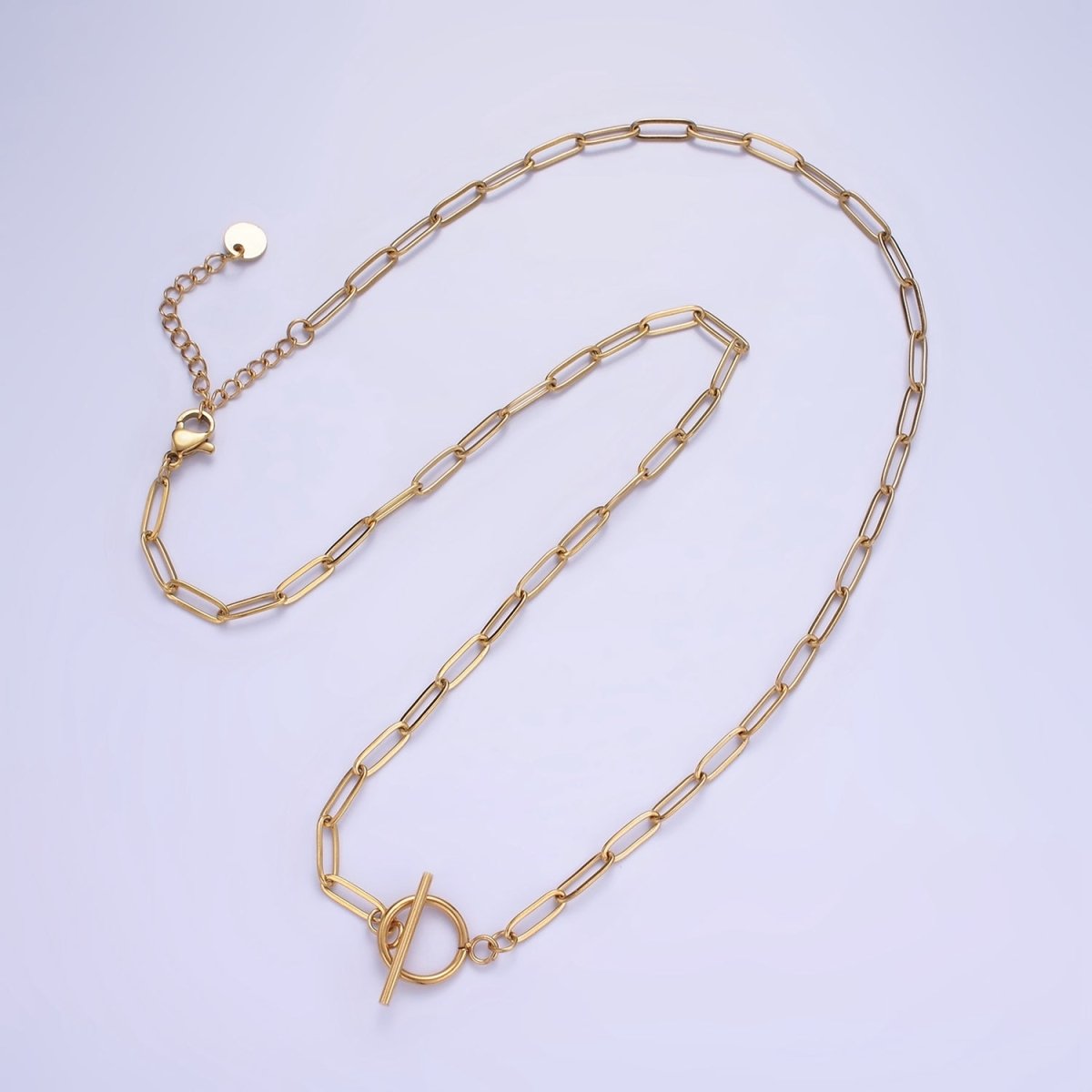 Stainless Steel Toggle Clasp 3mm Paperclip Chain 19" Necklace with 2" Extender in Gold or Silver