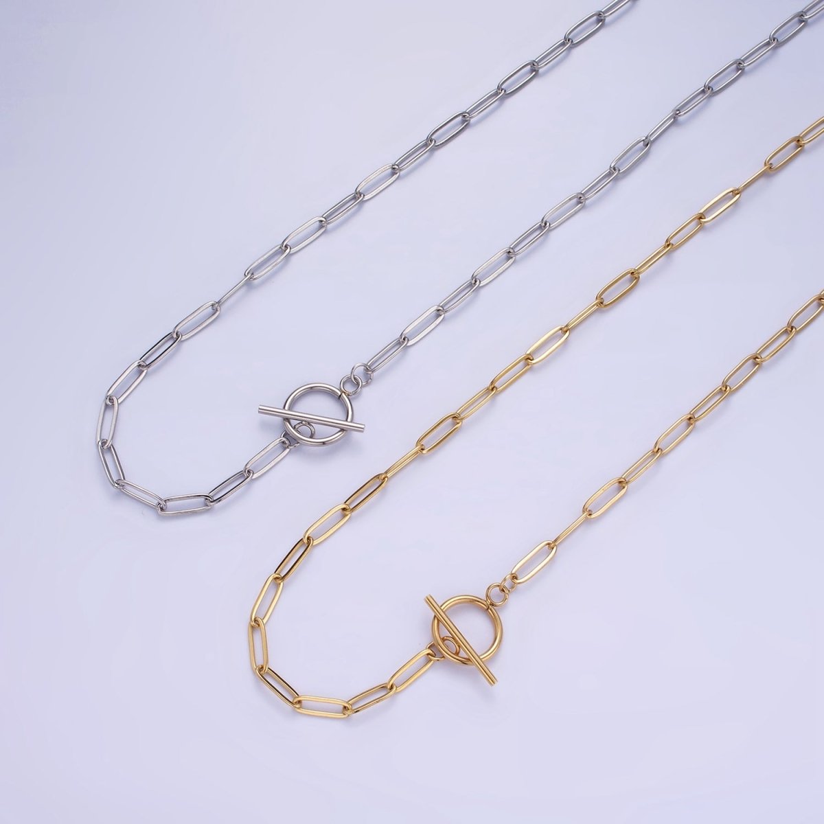 Stainless Steel Toggle Clasp 3mm Paperclip Chain 19" Necklace with 2" Extender in Gold or Silver