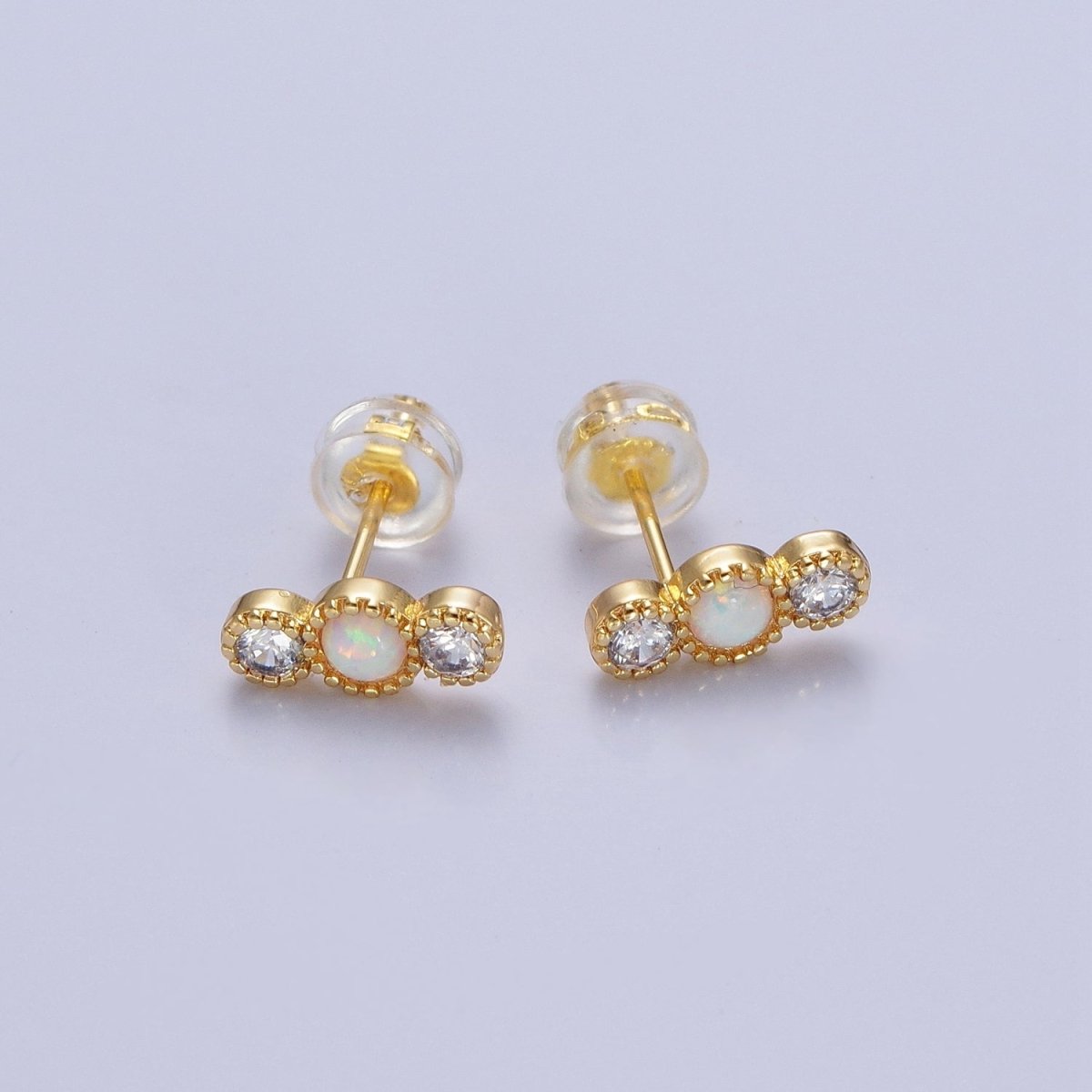 14K Gold Filled Triple Round White Opal Clear Cubic Zirconia Stud Earrings