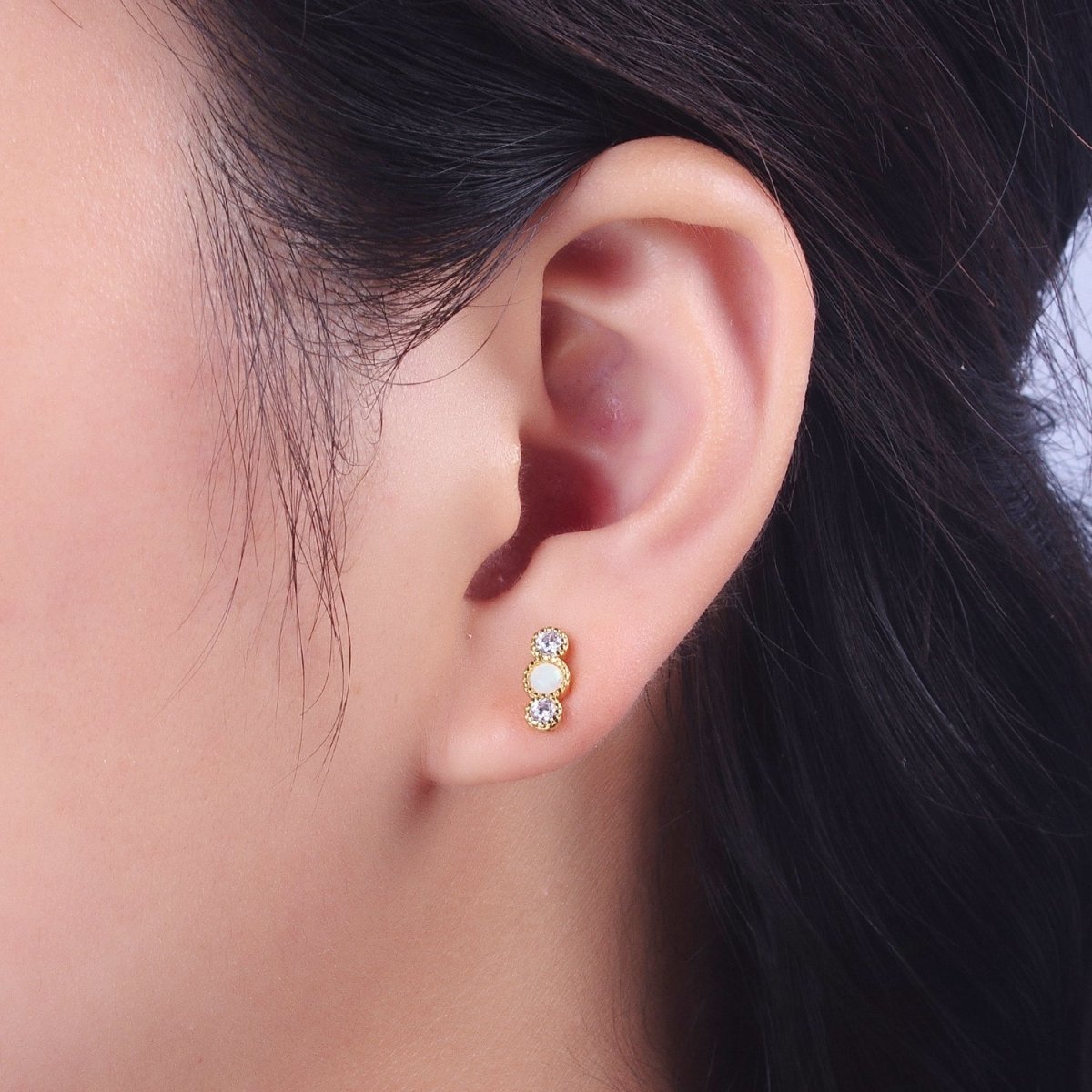 14K Gold Filled Triple Round White Opal Clear Cubic Zirconia Stud Earrings