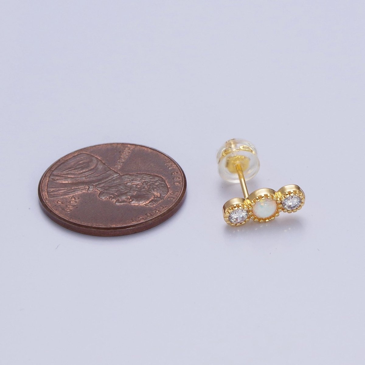 14K Gold Filled Triple Round White Opal Clear Cubic Zirconia Stud Earrings