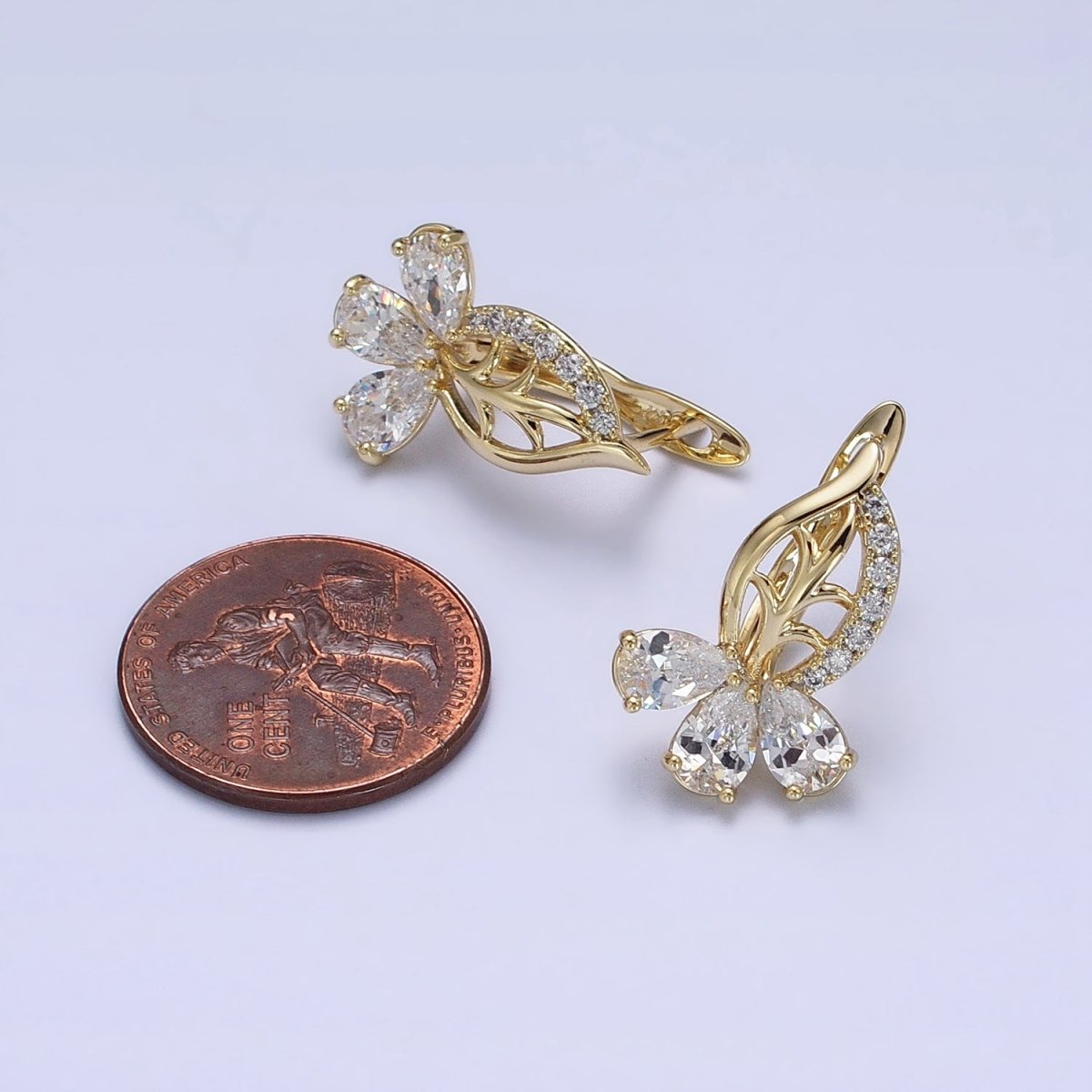14K Gold Filled Triple Teardrop Micro Paved CZ Leaf English Lock Earrings