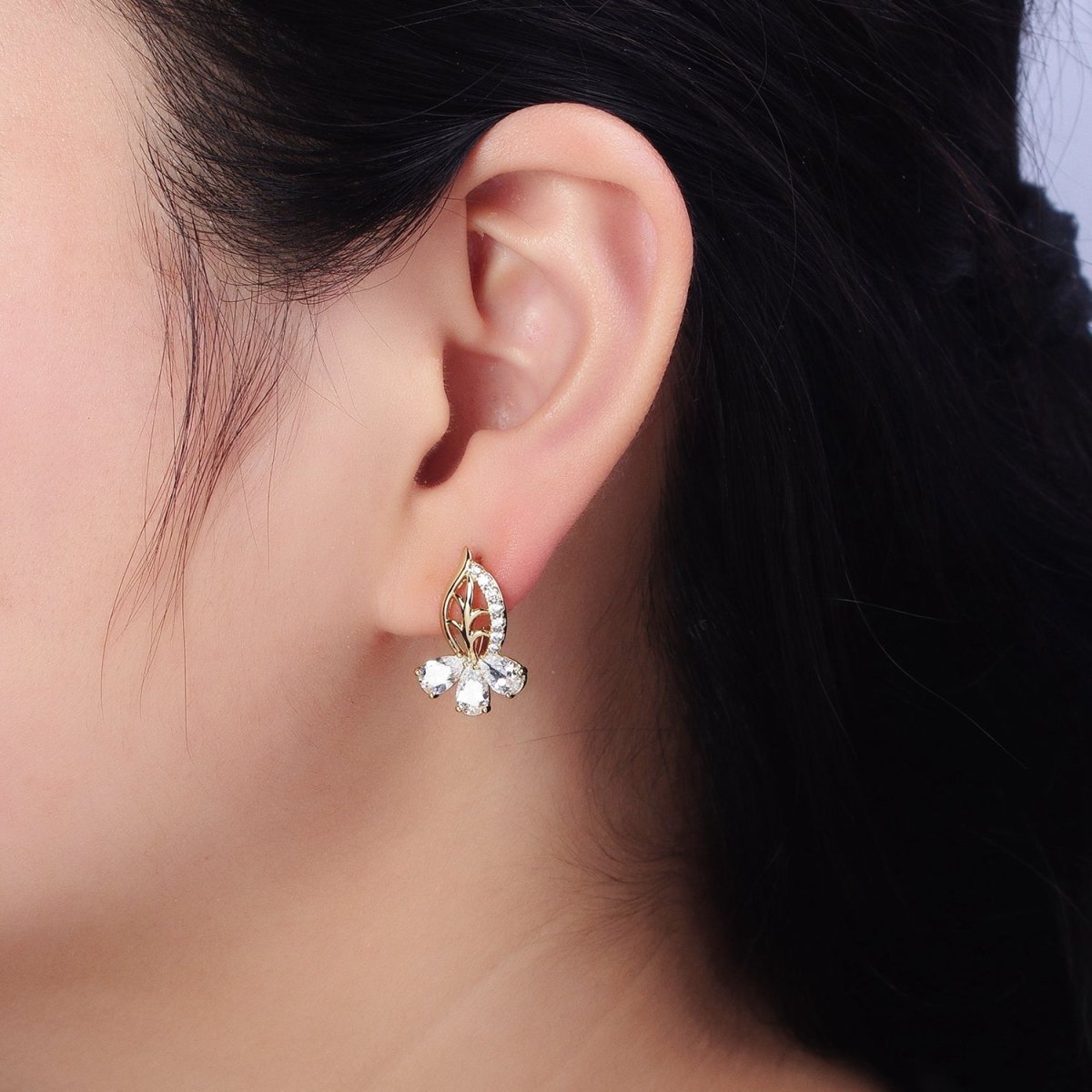 14K Gold Filled Triple Teardrop Micro Paved CZ Leaf English Lock Earrings