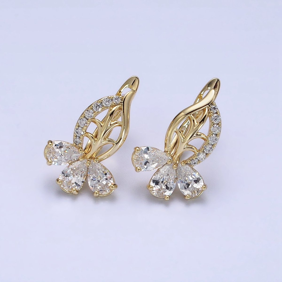 14K Gold Filled Triple Teardrop Micro Paved CZ Leaf English Lock Earrings