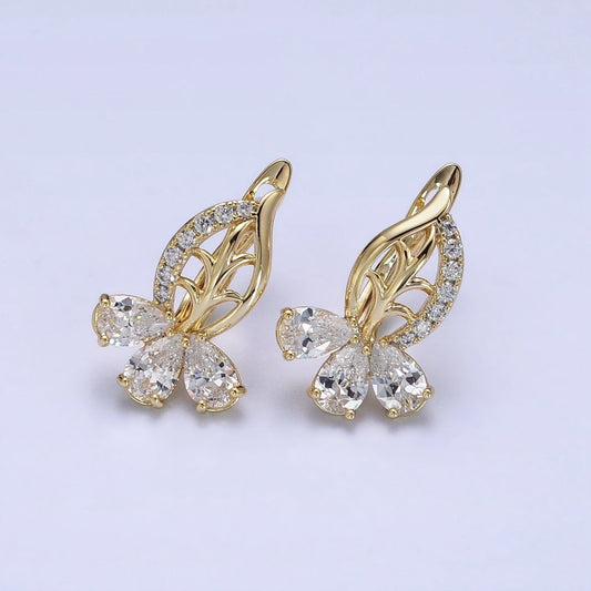 14K Gold Filled Triple Teardrop Micro Paved CZ Leaf English Lock Earrings