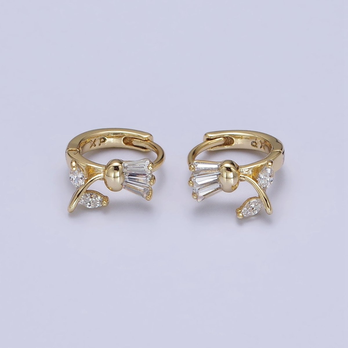14K Gold Filled Tulip Flower Clear CZ Triple Baguette Micro Pave Cartilage Huggie Earrings