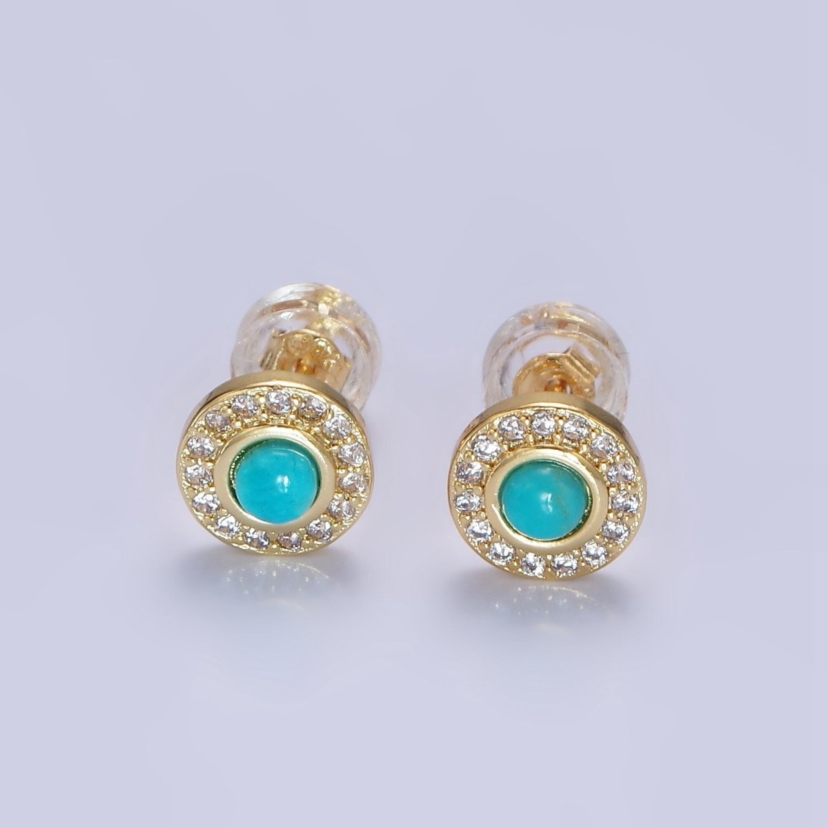 Dainty 14K Gold Filled Turquoise Clear CZ Micro Pave Round Stud Earrings