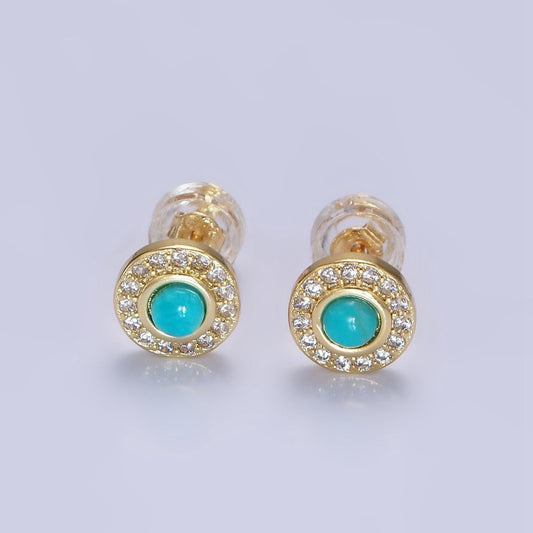 Dainty 14K Gold Filled Turquoise Clear CZ Micro Pave Round Stud Earrings