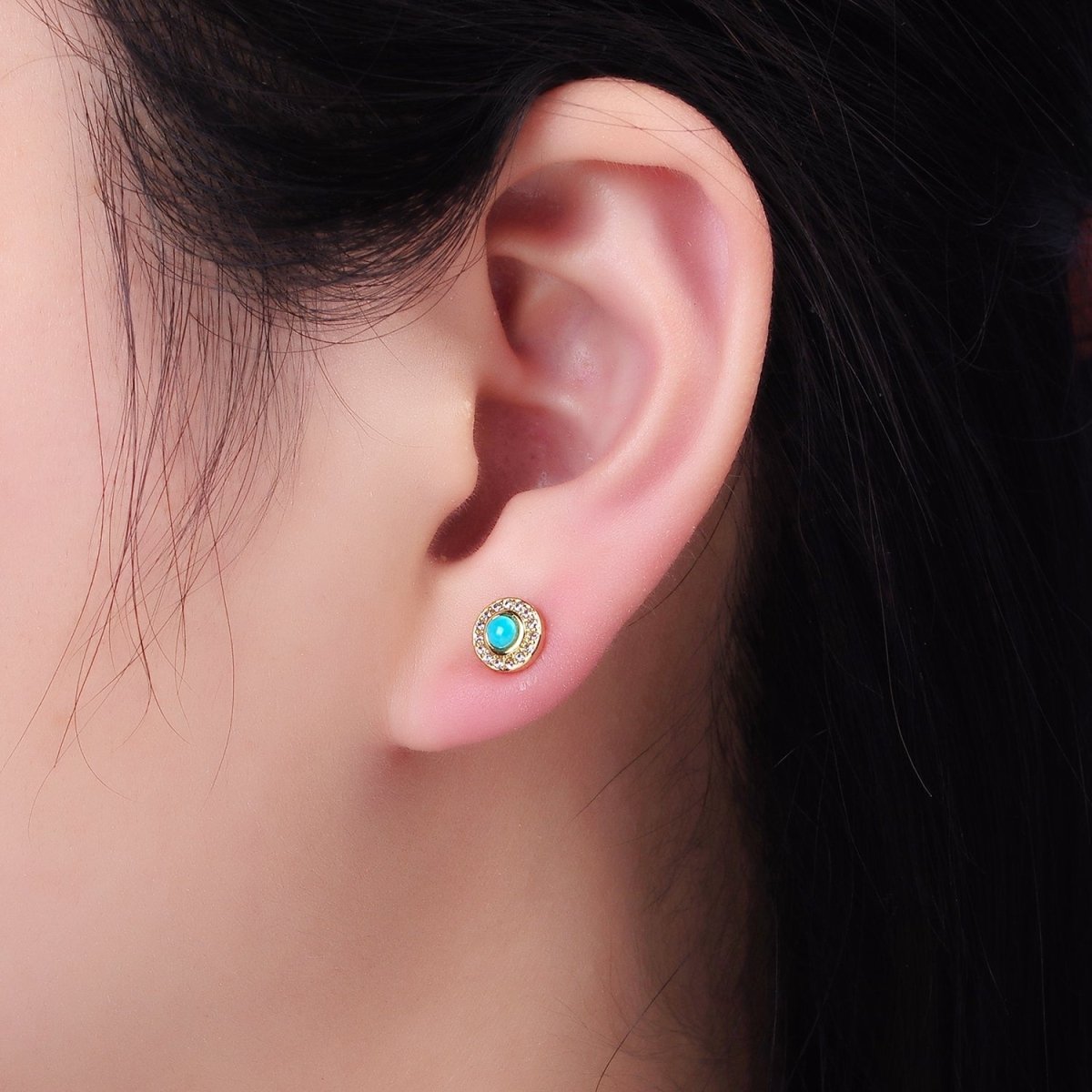 Dainty 14K Gold Filled Turquoise Clear CZ Micro Pave Round Stud Earrings