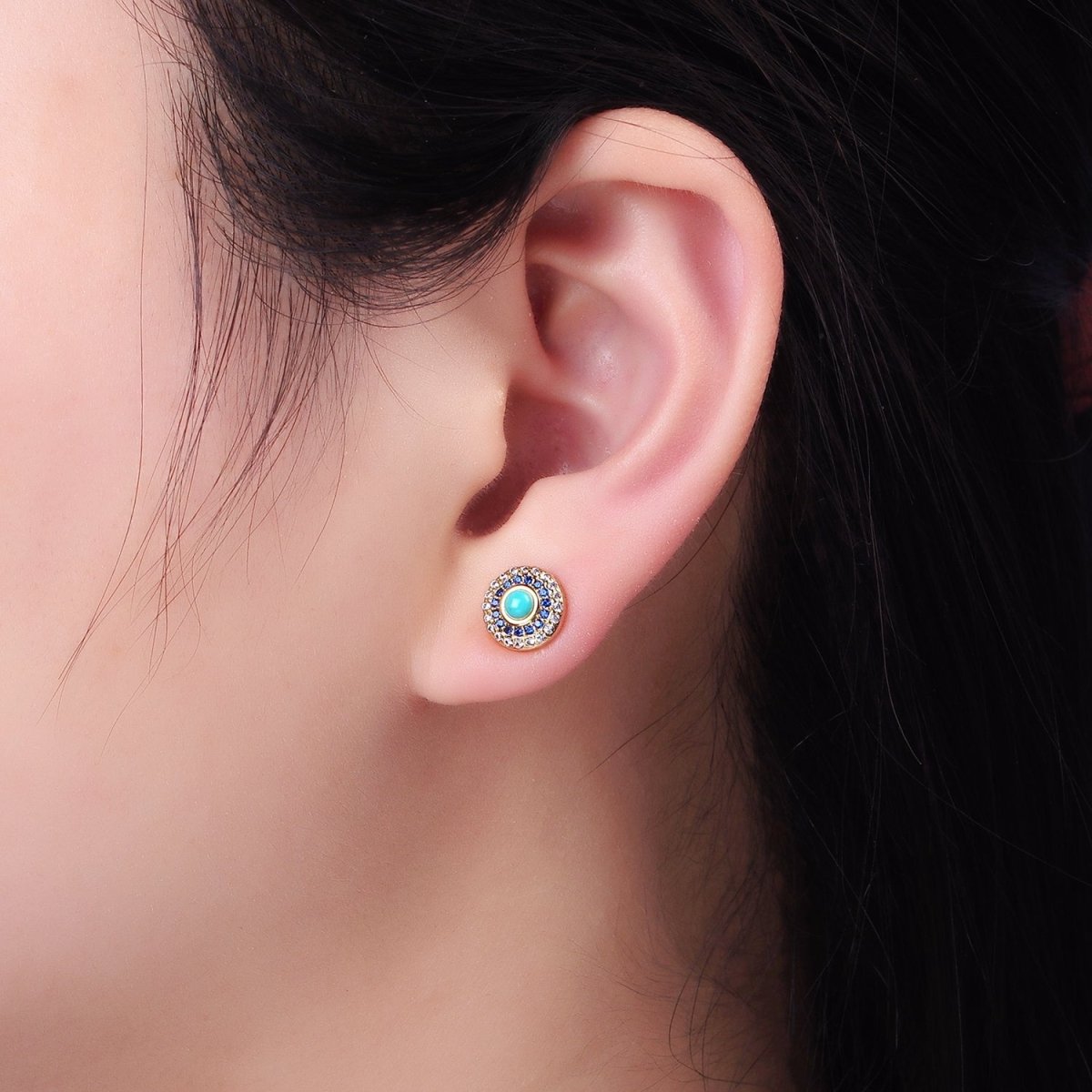 14K Gold Filled Turquoise Gemstone Micro Pave CZ Round Stud Earrings