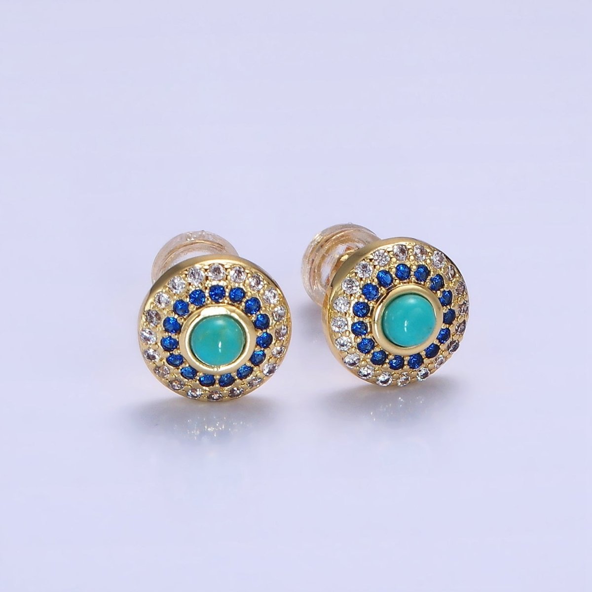 14K Gold Filled Turquoise Gemstone Micro Pave CZ Round Stud Earrings