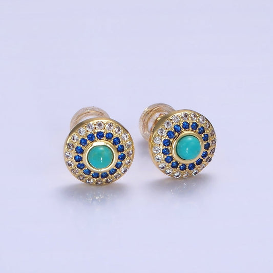 14K Gold Filled Turquoise Gemstone Micro Pave CZ Round Stud Earrings