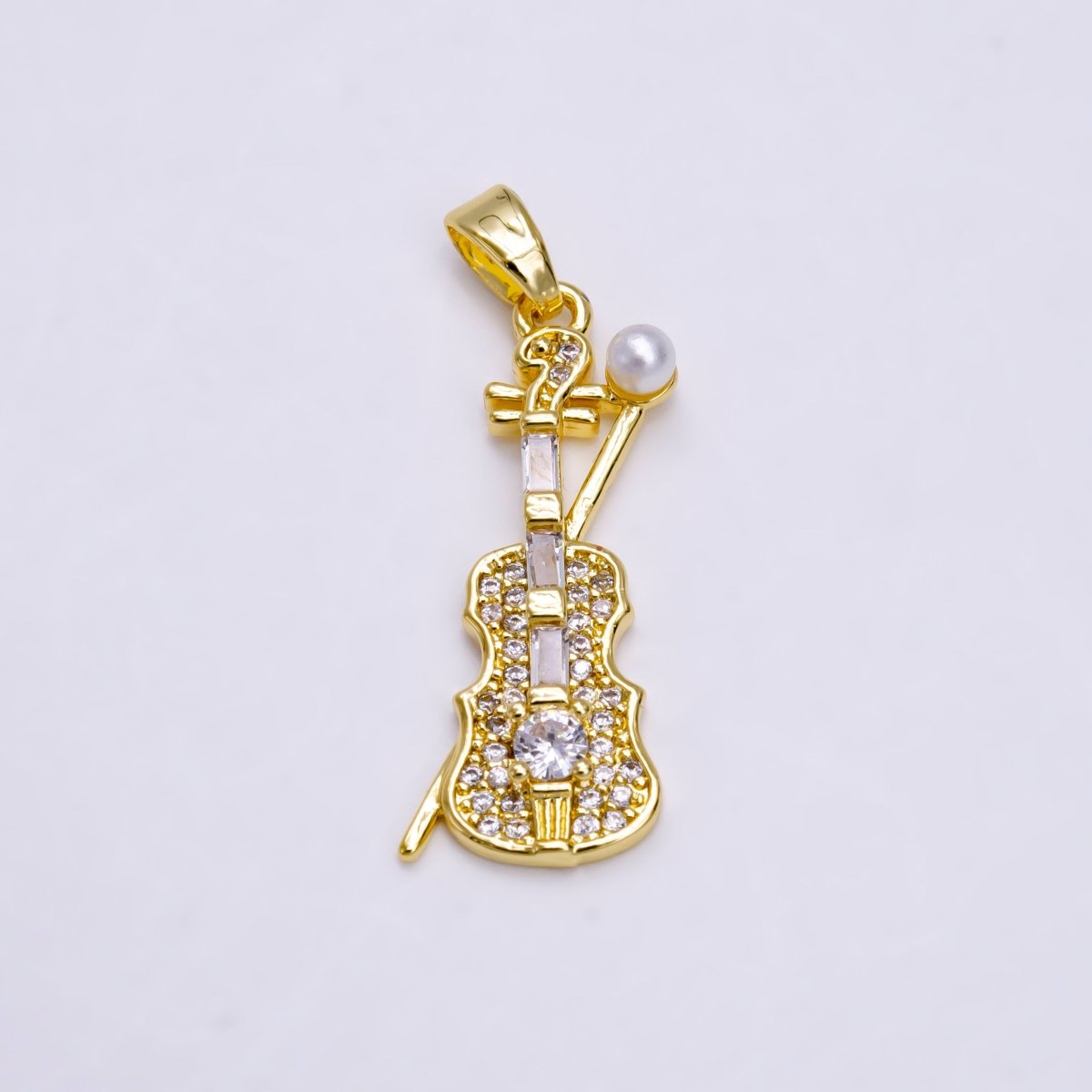 14K Gold-Filled 31.4mm Violin Music Instrument Pearl Clear Baguette Micro Pave CZ Pendant