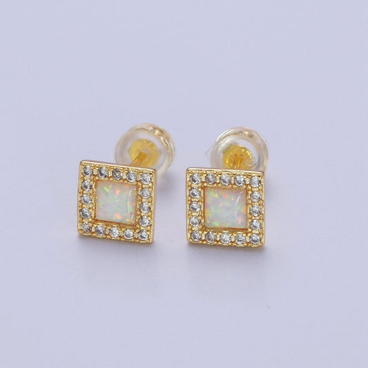 14K Gold Filled White Opal Micro Paved CZ Square Stud Earrings