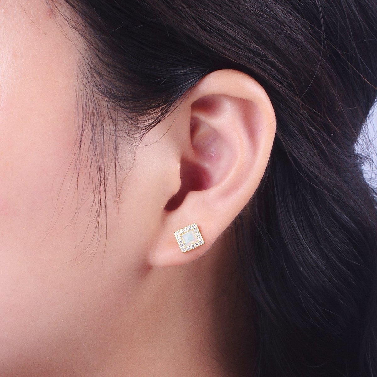 14K Gold Filled White Opal Micro Paved CZ Square Stud Earrings