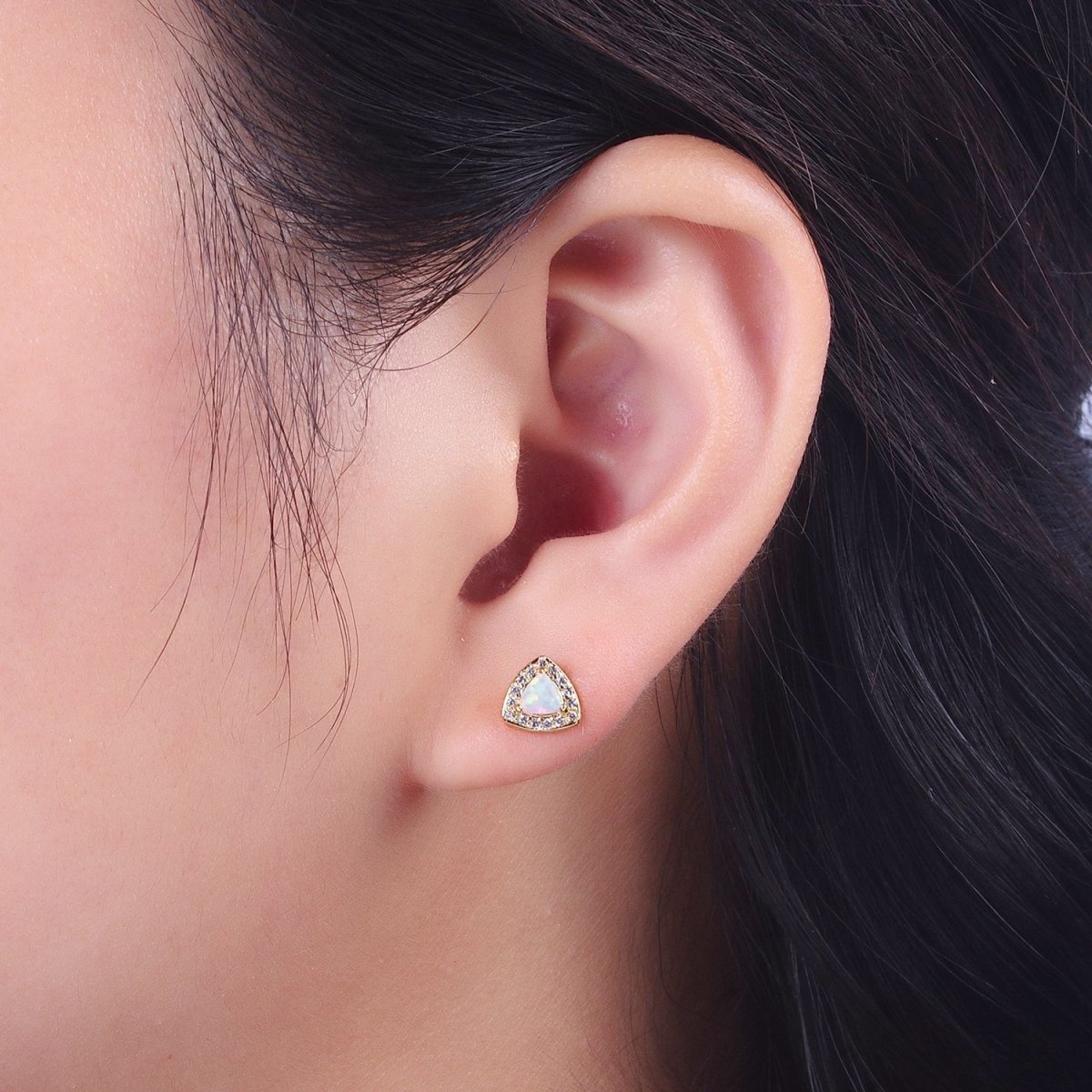 Minimalist 14K Gold Filled White Opal Micro Paved CZ Triangle Stud Earrings