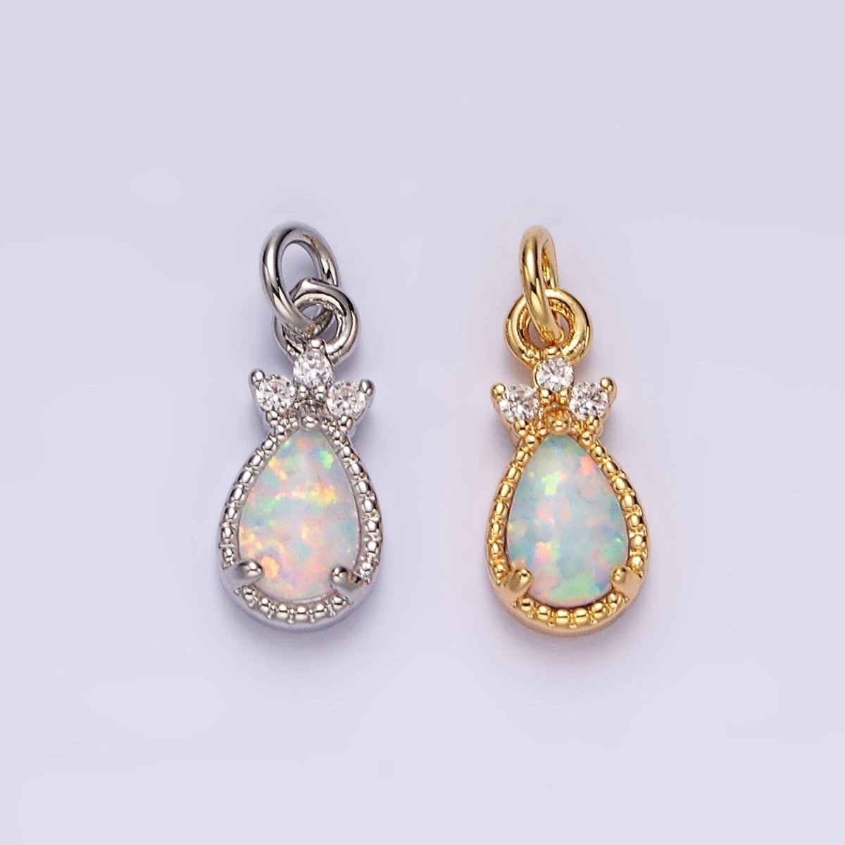 14K Gold Filled White Opal Teardrop Triple CZ Add-On Charm in Gold & Silver