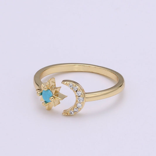Dainty 14K Gold Open Moon & Star Ring Crescent Moon Ring Adjustable Wrap Ring "Love You to the Moon & Back" Ring