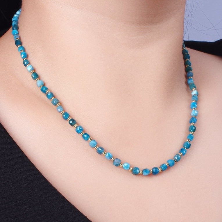 Gorgeous 15.5 Inch 4.5mm Natural Blue Apatite Multifaceted Cube Beaded Gemstone with Gold Beads Choker Necklace