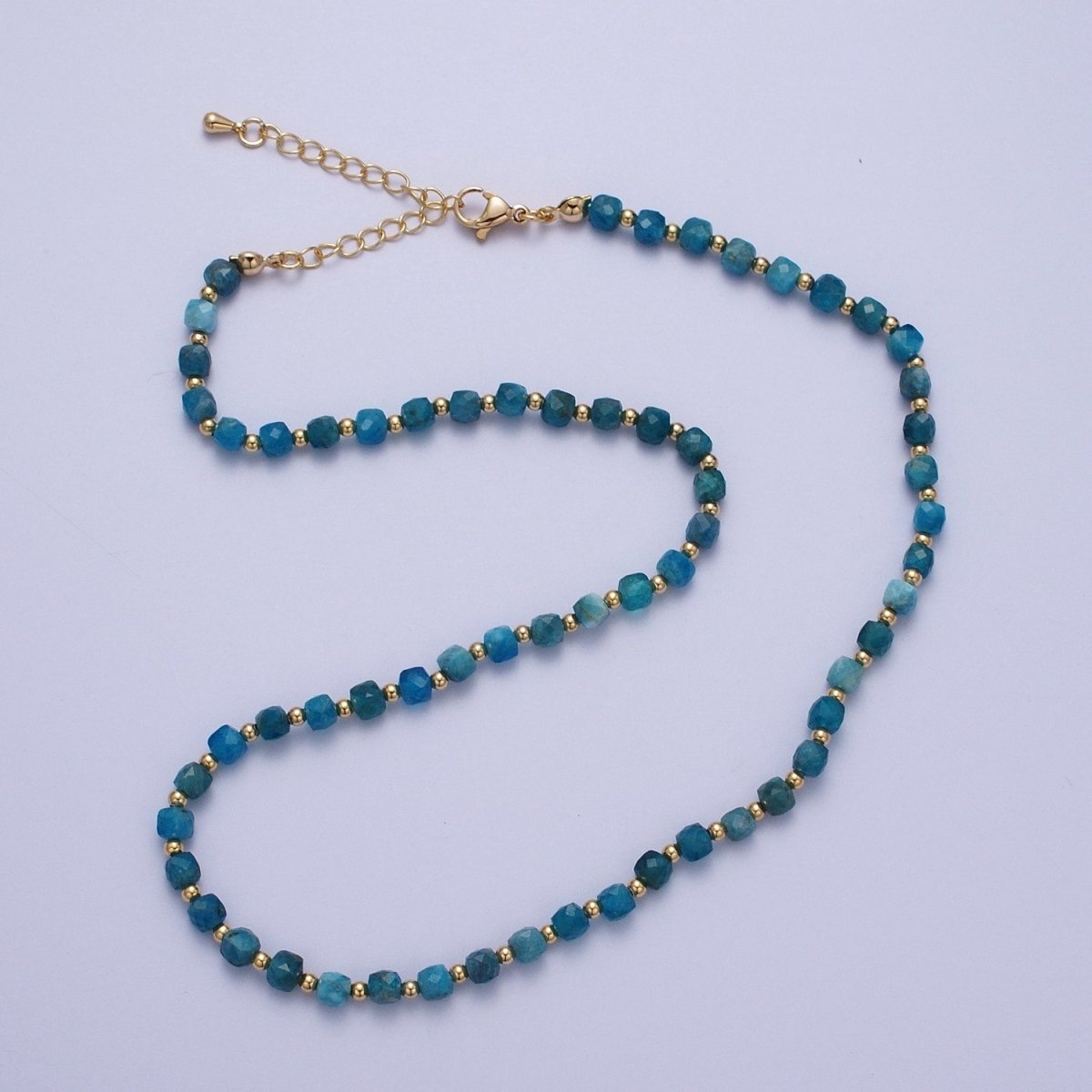 Gorgeous 15.5 Inch 4.5mm Natural Blue Apatite Multifaceted Cube Beaded Gemstone with Gold Beads Choker Necklace