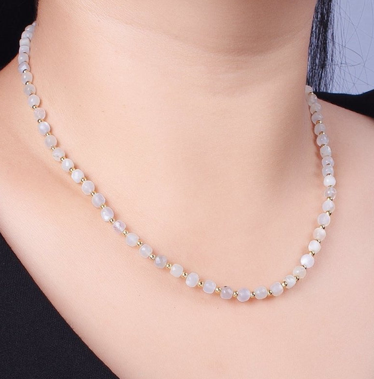 Beautiful 15.5 Inch Natural Grey-White 4.5mm Moonstone Multi-Faceted Cube Gemstone with Gold Bead Choker Necklace