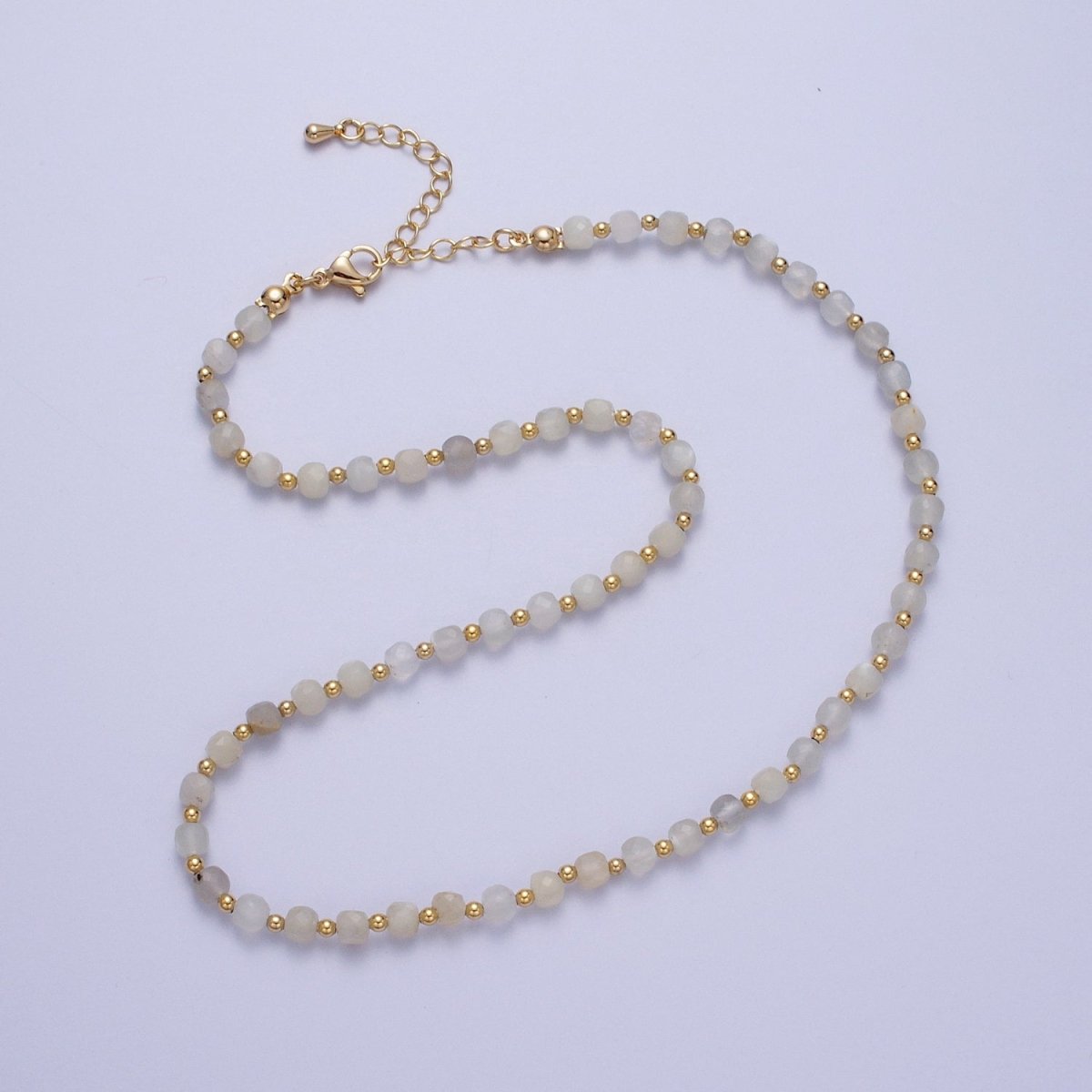 Beautiful 15.5 Inch Natural Grey-White 4.5mm Moonstone Multi-Faceted Cube Gemstone with Gold Bead Choker Necklace