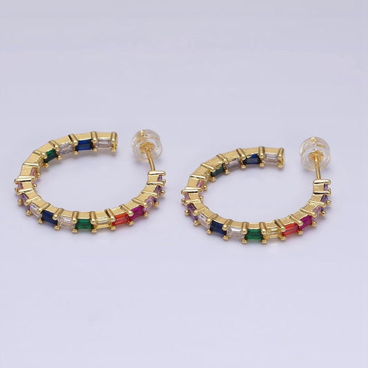 16K Gold Filled 25mm CZ Multicolor Baguette Lined Front-Facing C-Shaped Hoop Earrings